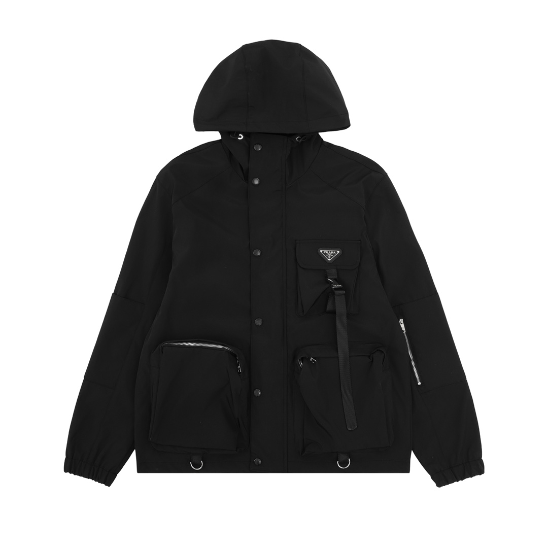 1:1 Replica Prada men Prada triangle logo multi-pocket hooded jacket — 1:1 Replica