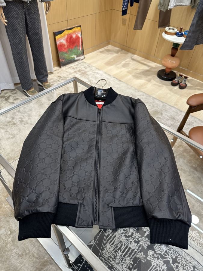 1:1 Replica Gucci men GUCCI all-over embossed baseball collar leather jacket — AAA Quality Replica — photo 3